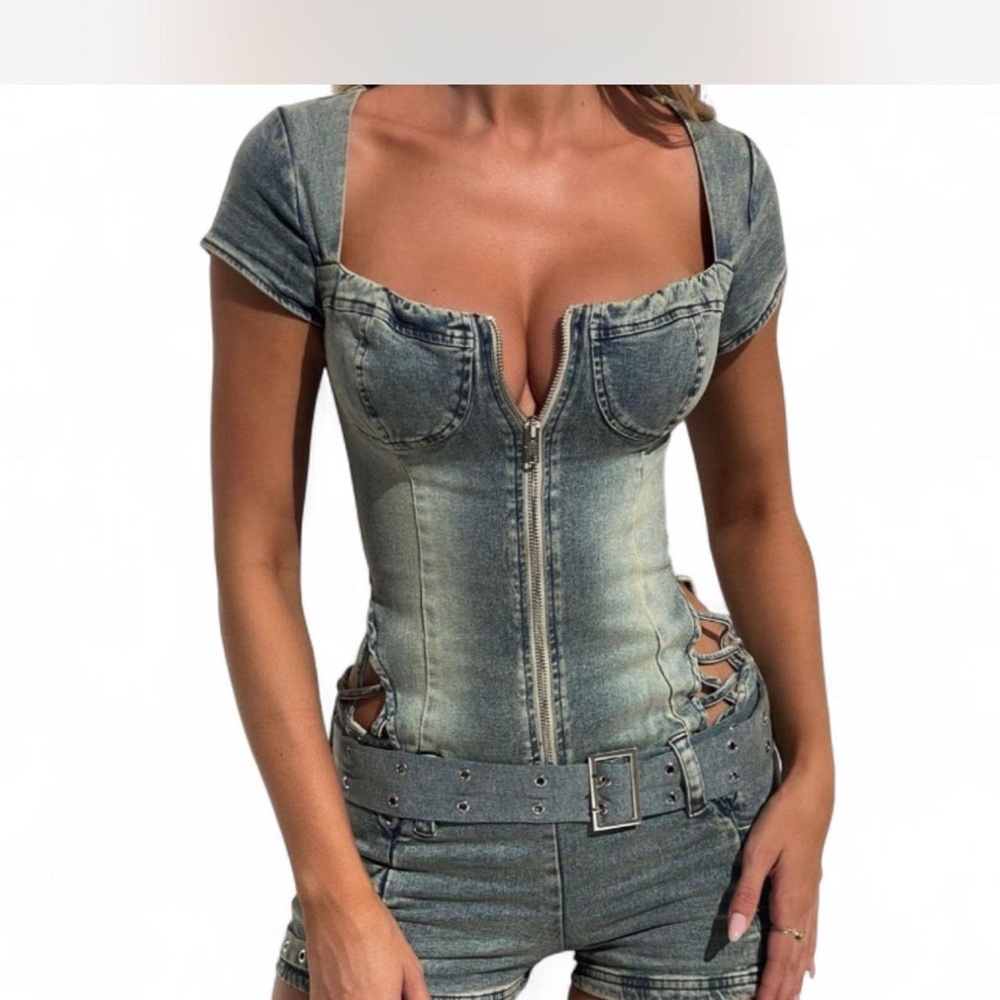 Chic Denim Short Sleeve Romper